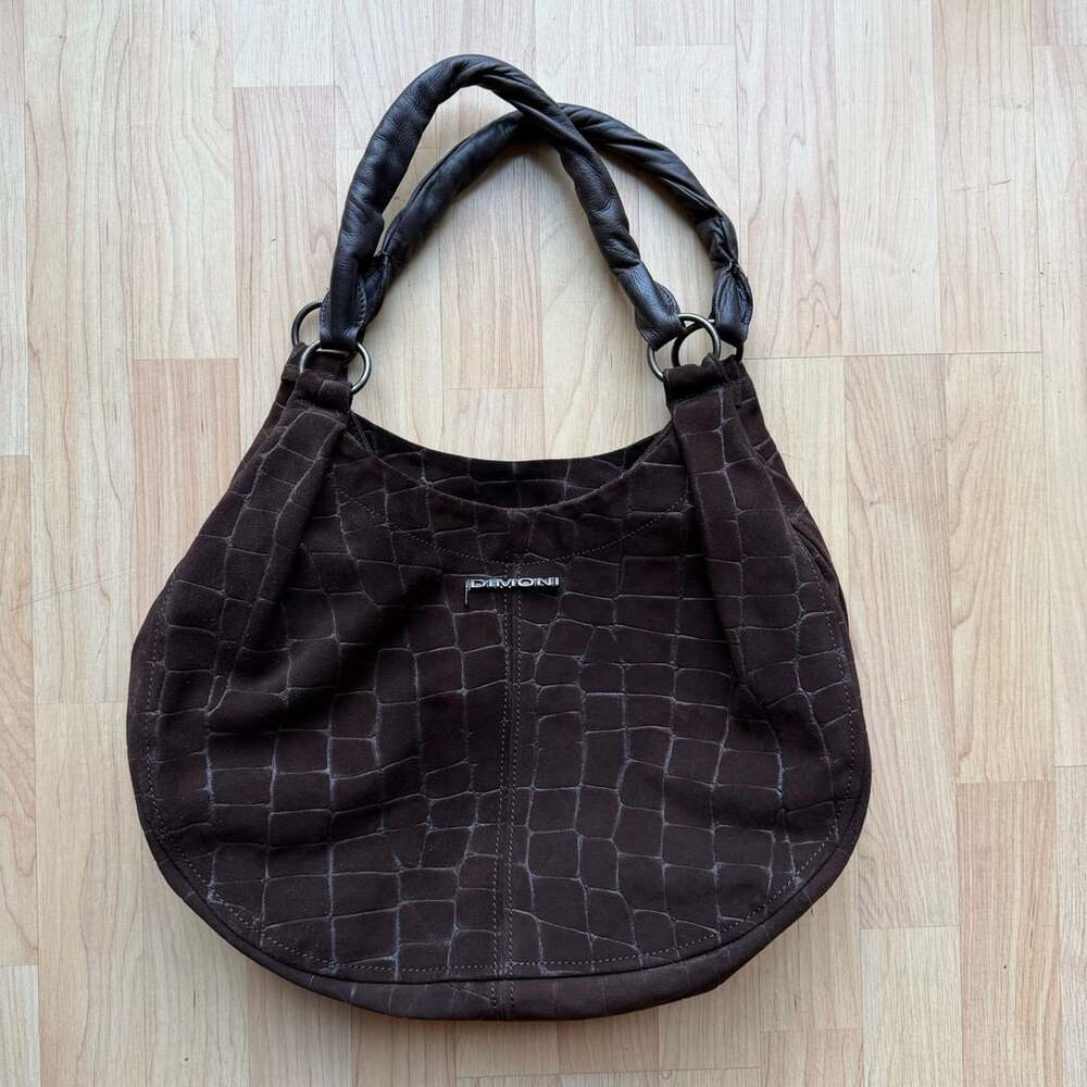 Dimoni Brown Croc-Embossed Suede Hobo Shoulder Bag with Pink Lining Made in Spai